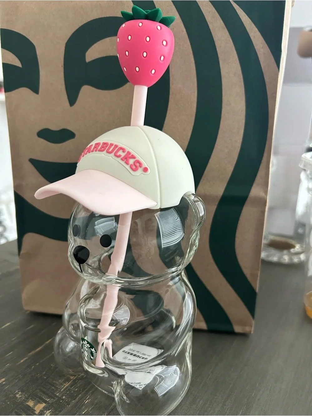 Starbucks Kids Clear Bear Cup with Pink Strawberry Straw and White Cap